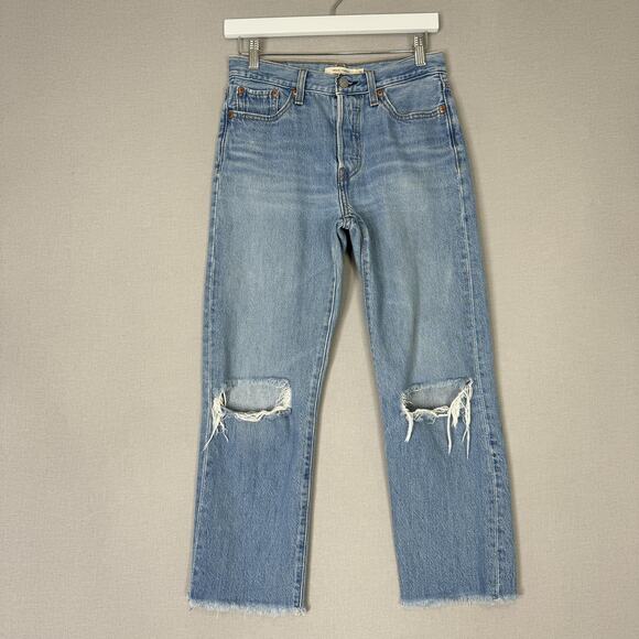 Levis Wedgie Straight Jeans Womens 26 Blue Distressed Button Fly Raw Hem Denim - Picture 1 of 15